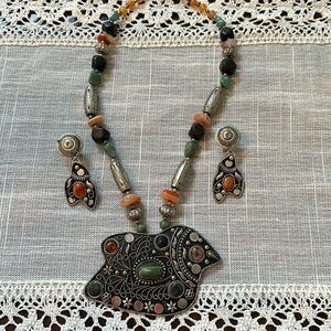 Funky beaded tribal necklace & earrings set.multi colored stones.